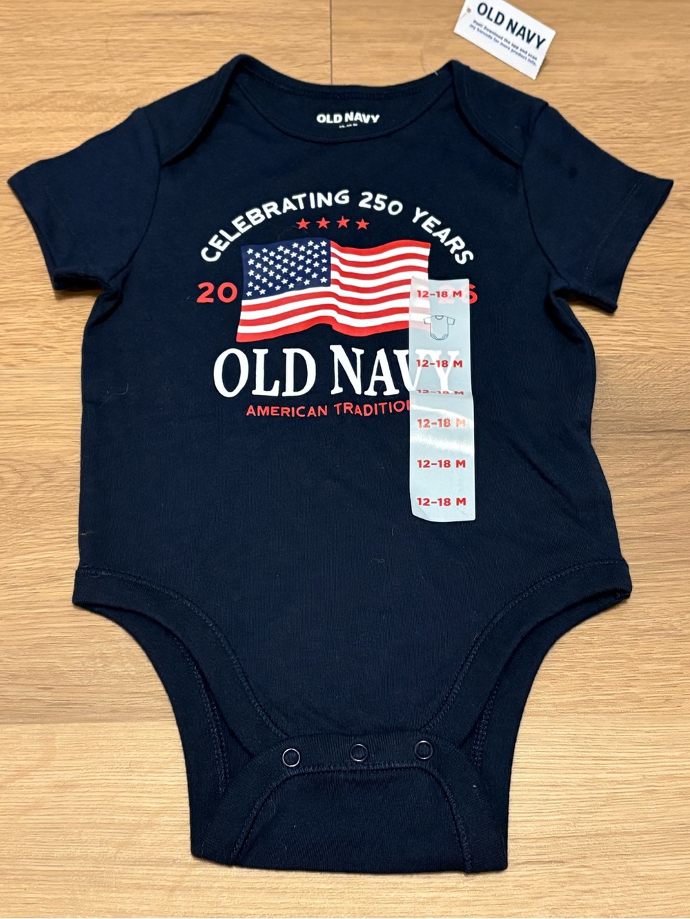 Old Navy 2026 Navy Blue Bodysuit American Flag Graphic celebrating 250 years